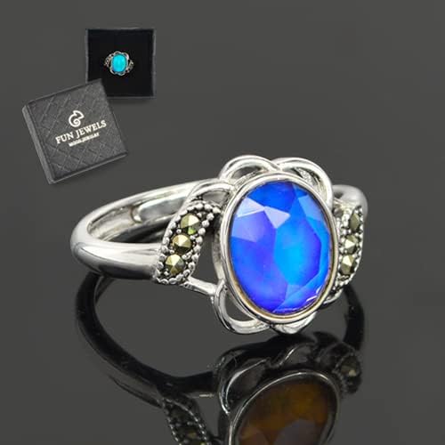 Vintage Style Flower Multi Color Change Oval Facet Crystal Stone Brass Mood Ring Size Adjustable For Women