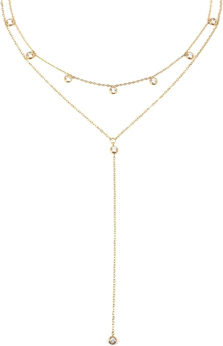 Fullpop Dainty Gold Necklaces for Women, 18k Gold Layered Lariat Necklace for Women Long Gold Choker Necklaces for Women Statement Diamond Heart Pendant Necklace Body Chain Jewelry for Women