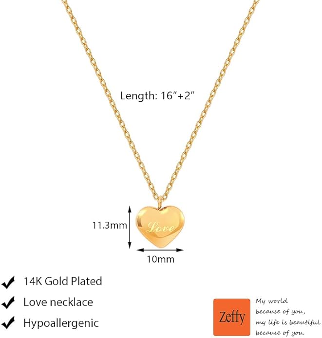 Zeffy Cute Heart Necklace 18k Gold/Silver Plated Tiny Heart Pendant Choker Necklaces Gold Love Heart Chain Necklace for Women Dainty Gold Jewelry Valentines Day Gifts for Women Girls Teen Girls
