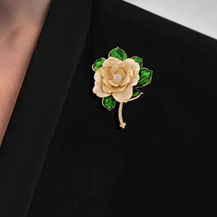 Rhinestone Camellia Brooch Pin – Gold Plated | Charming Gift for Mom & Wife on Thanksgiving, Birthdays & Weddings
