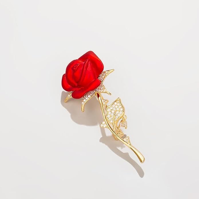 Just Follow Red Rose Flower Brooch with Rhinestones Sparkling Floral Pin for Women Vintage Blazer Jacket Dress Hat Scarf Accessory