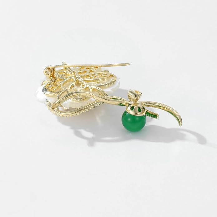 14K Gold Natural Freshwater Pearl Flower Moissanite Brooch, Minimalist Camellia Corsage with Turquoise/Agate, Unique Pin for Suit Accessory, An Elegant Gift