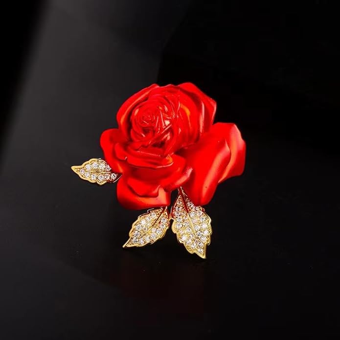 QLUYCKW Rose Flower Brooch Pin for Women Fashion Dainty Gold Plated 3D Red Roses Floral Crystal Brooch Pin Birthday Dress Suit Accessories Jewelry