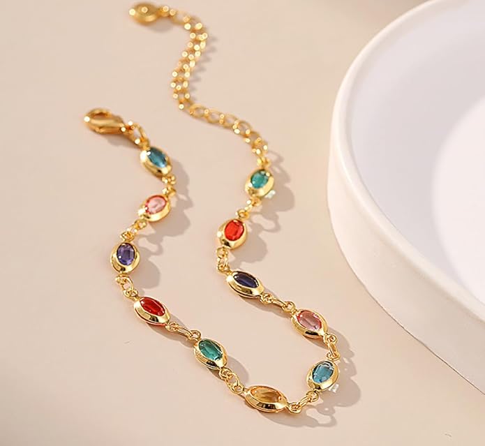 18K Gold Plated Anklet for Women Multicolor Crystal Ankle Bracelets Boho Adjustable Chain Anklets