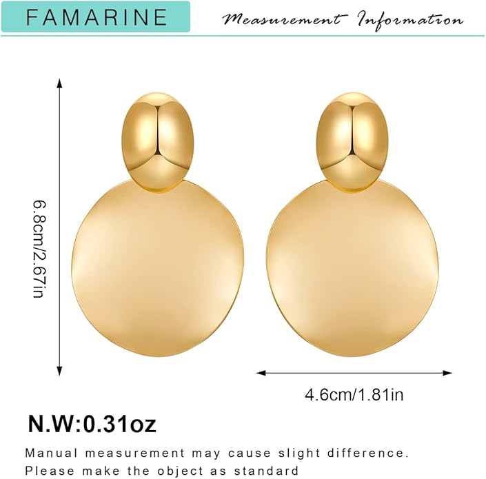 FAMARINE Big Disc Drop Earrings Gold Dangle Earrings Round Hammered Earrings Women