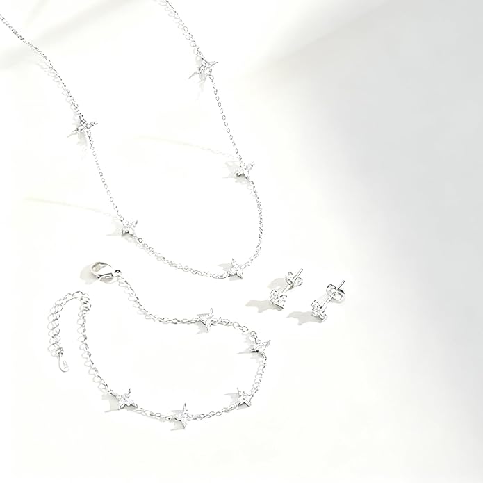 Necklaces Jewelry Set for Women Dainty 14K Silver Plated Four Leaf Bracelet Choker Necklace and Earring Jewelry Set for Women Mom Daughter Gifts