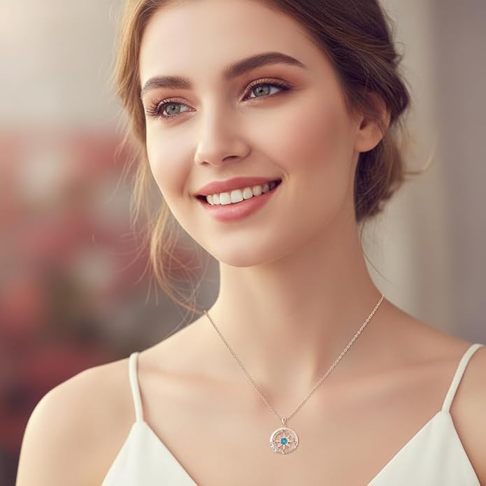 Compass Necklace for Women Wife Girlfriend Mom Daughter Gifts S925 Silver Jewelry For Anniversary Rose Gold Gifts For Birthday Christmas Mothers Valentines Day 12 Birthstones