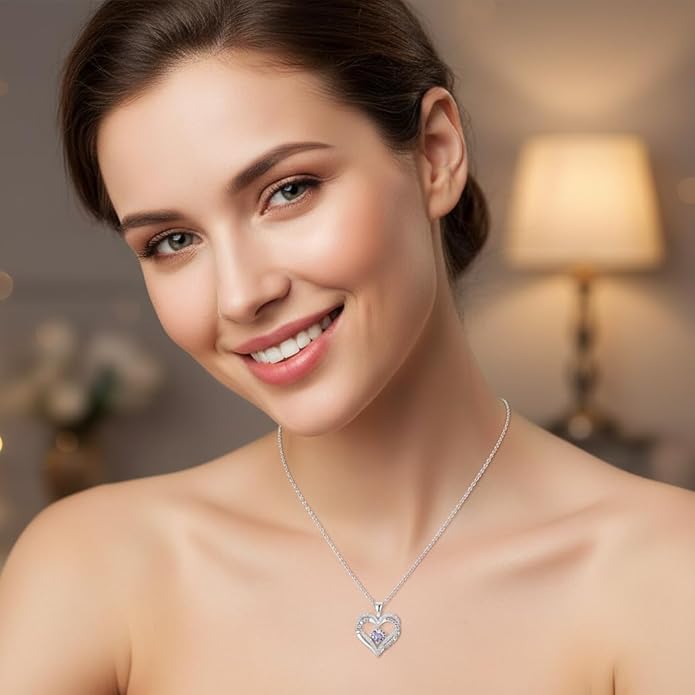 Birthstone Heart Necklace for Women Wife Girlfriend Mom Daughter Gifts S925 Silver Jewelry For Anniversary Rose Gold Gifts For Birthday Christmas Mothers Valentines Day