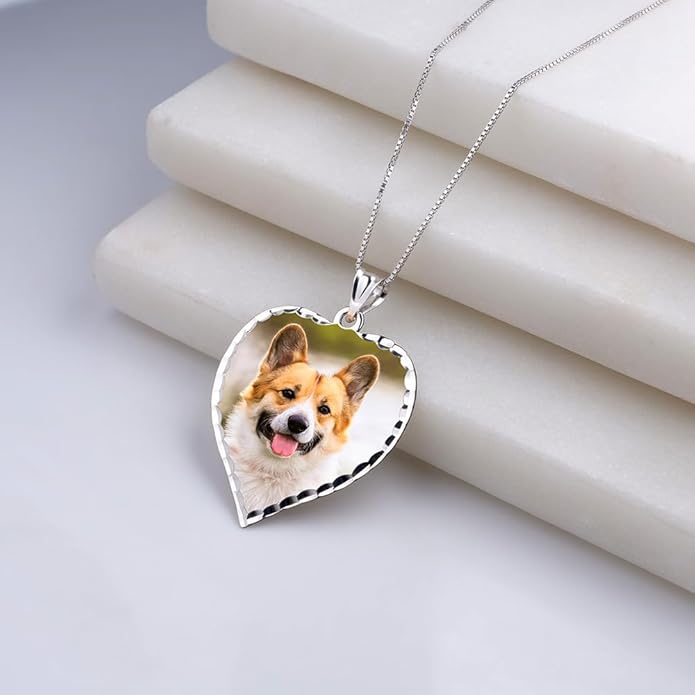 PicturesOnGold.com Personalized Photo Engraved Heart Shaped Picture Necklace with Diamond Cut Edge in Silver, Gold, White Gold or Rose Gold - 1 Inch x 1 Inch