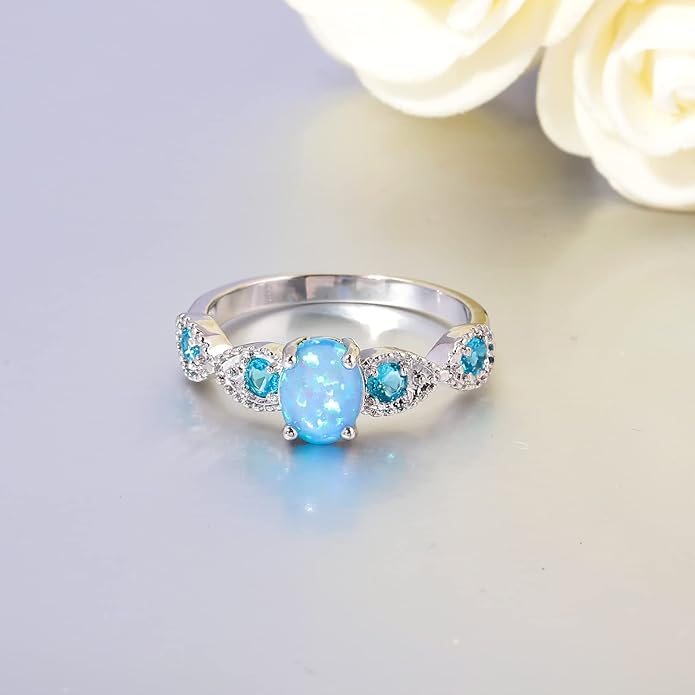 CiNily 18K Gold Plated Opal Ring-White Fire Opal & Amethyst & Cubic Zirconia Women Jewelry Gemstone Engagement Anniversary Ring Size 5-13