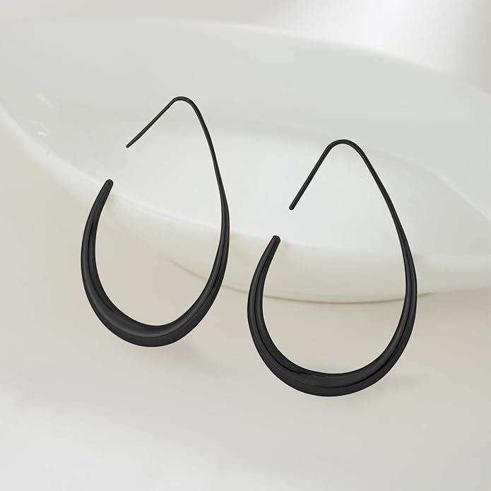 Lightweight Teardrop Hoop Earrings for Women - 14k Gold/White Gold Plated Large Oval Pull Through Hoop Earrings High Polished Statement Jewelry Gift for Women