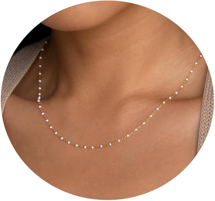 Gold Chain Necklace for Women Dainty 18K Gold Plated Thin Satellite Beaded Turquoise Necklace Simple Gold Boho Jewelry