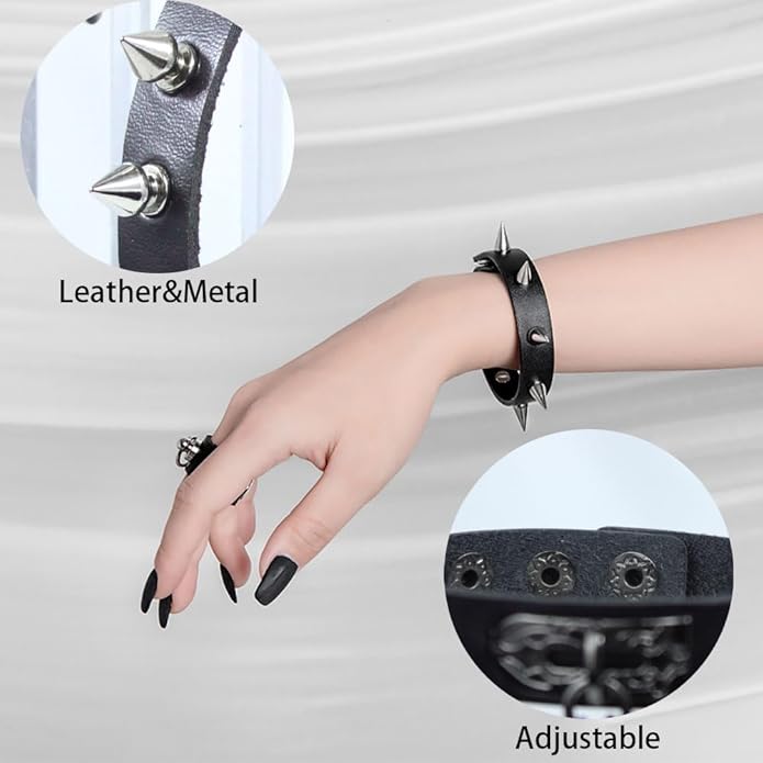 LAPOHI 6 PCS Leather Bracelets for Men Women Punk Goth Rock Spiked 80s Stuff Cool Metal Studded Accessories Black Cuff Wristband for Party Cosplay Night Club Sexy Gift Halloween