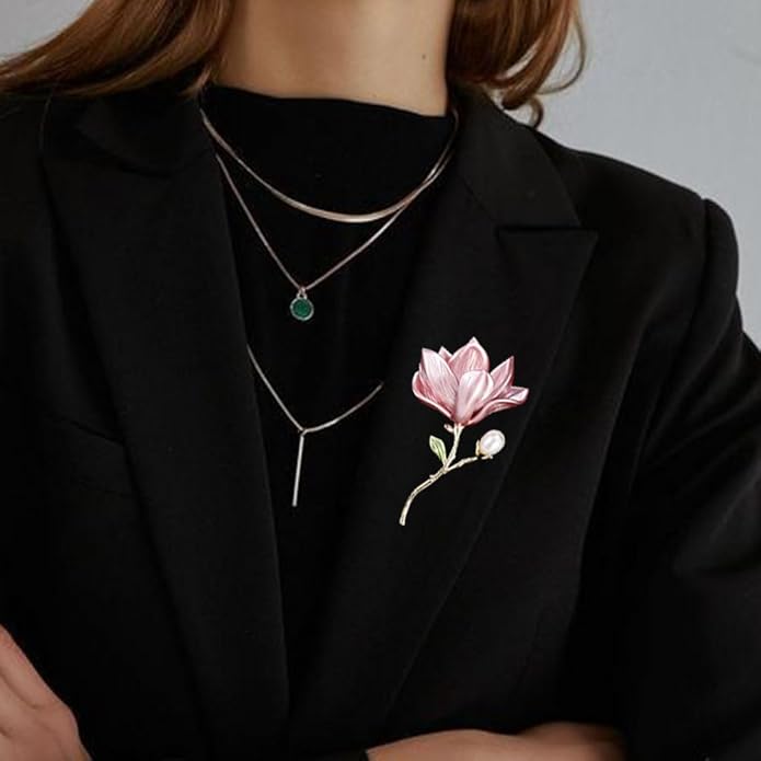 2Pcs Pearl Flower Brooches For Women Alloy Floral Brooch Pins Pink Purple Magnolias Flowers Broach Magnolia Blossom Brooches And Pins For Women Party Wedding Banquet Jewelry Clothing Accessories