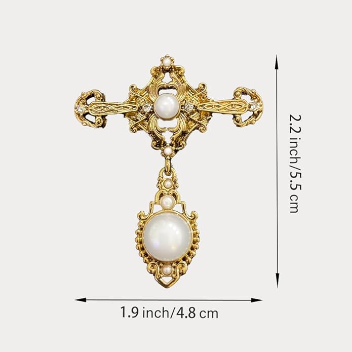 Gold Vintage Pearl Brooch for Women Girls Retro Accessories Elegant Baroque Pin Dress Coat Sweater Suit Party Wedding Gifts Victorian Brooch Pin Bridal Jewelry Cross Brooch