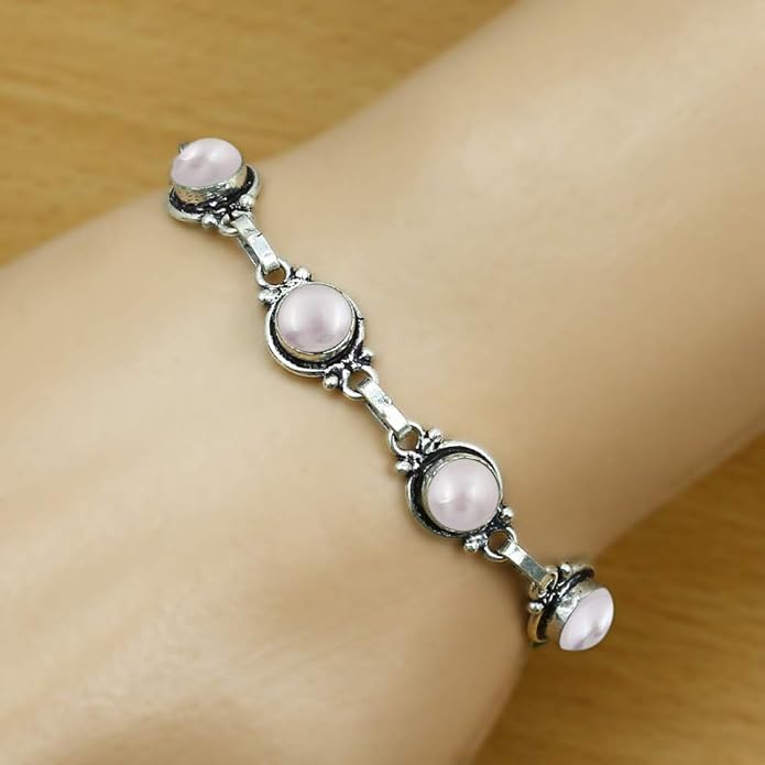 Round Shape Natural & Synthetic Gemstones Silver Plated Bracelets for Women - Vintage Bohemian Style Handmade Birthstone Adjustable Link Bracelet Jewelry Gifts for Wedding Anniversary Mother's Day