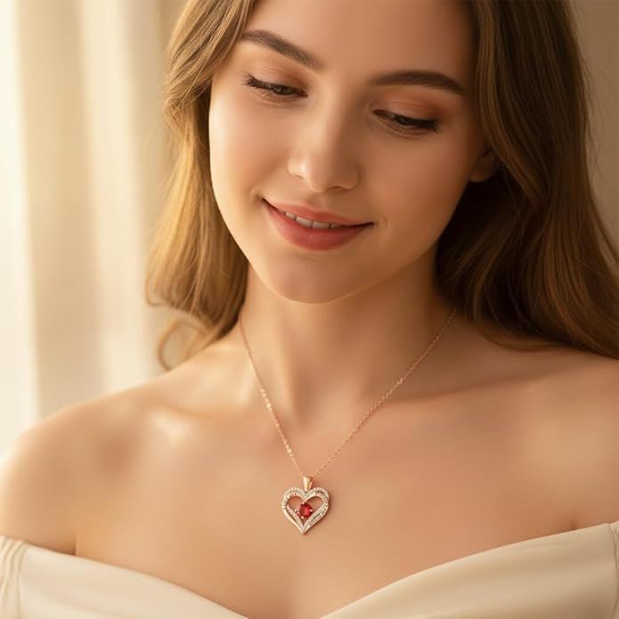 Birthstone Heart Necklace for Women Wife Girlfriend Mom Daughter Gifts S925 Silver Jewelry For Anniversary Rose Gold Gifts For Birthday Christmas Mothers Valentines Day