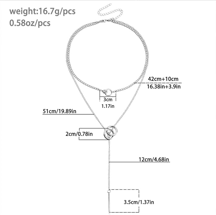 PLOUTOS Double Circle Layered Choker Lariat Necklace for Women Tassel Long Bar Pendant Adjustable Chain Y Shaped Collarbone Style Two Colors Silver Gold Alloy