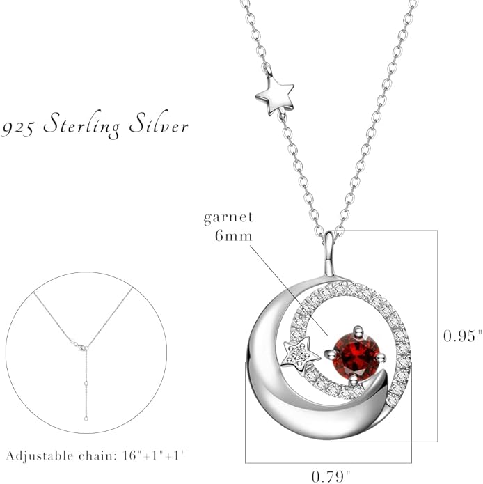 FANCIME Birthstone Necklaces 925 Sterling Silver Moon and Star Pendant Fine Jewelry Birthday Christmas Gifts for Mom Wife Her Daughter, Adjustable Chain 16+2"