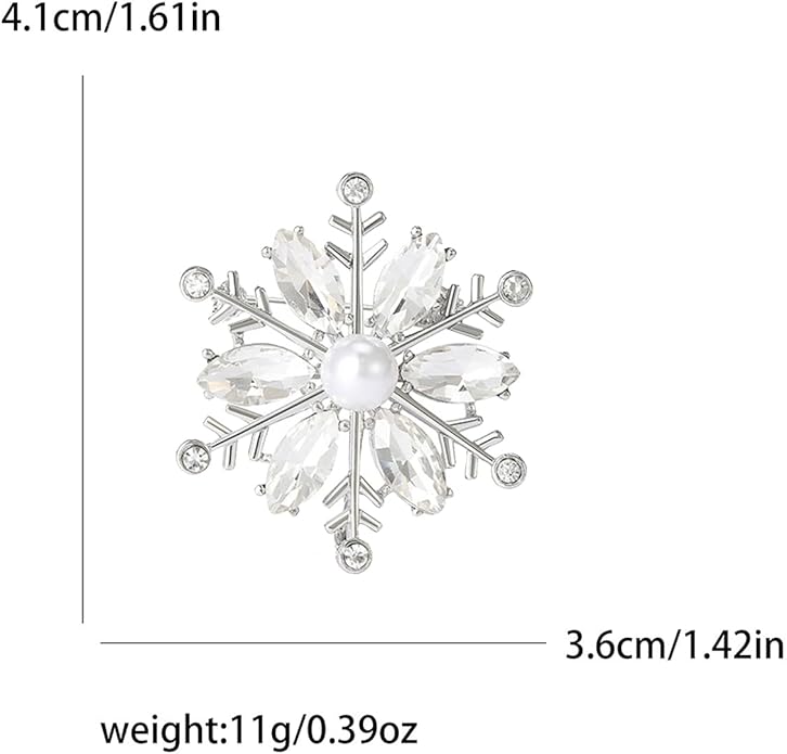 Crystal Snowflake Brooch for Women - Rhinestone Winter Pin with Pearl - Elegant Christmas Accessory for Clothing, Hat, Bag, Skirt - Birthday Party Costume Jewelry