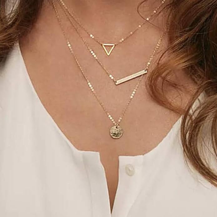 Turandoss Dainty Layered Choker Necklace, Handmade Y Pendant Necklace Multilayer Bar Disc Necklace Adjustable Layering Choker Necklaces for Women