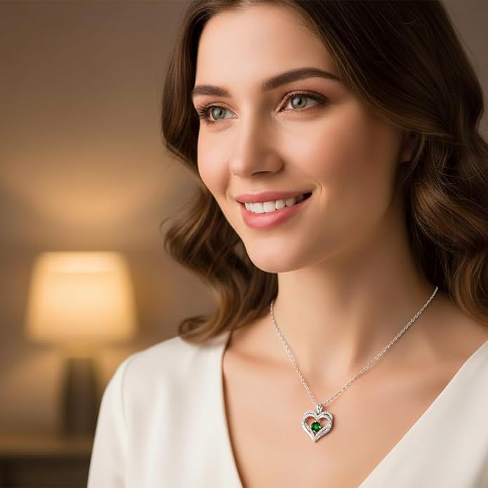 Birthstone Heart Necklace for Women Wife Girlfriend Mom Daughter Gifts S925 Silver Jewelry For Anniversary Rose Gold Gifts For Birthday Christmas Mothers Valentines Day