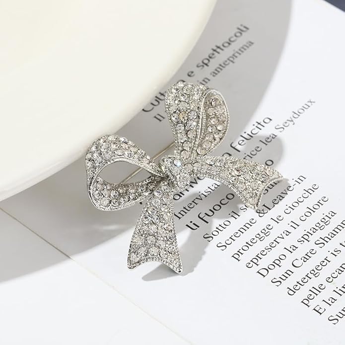 Kprusoian Elegant Crystal Bow Brooch Pin for Women,Vinage Sparkly Rhinestones Brooches Pins Beautiful Lapel Pins Dress Suit Shirt Ceremony Clothes Accessories Jewelry