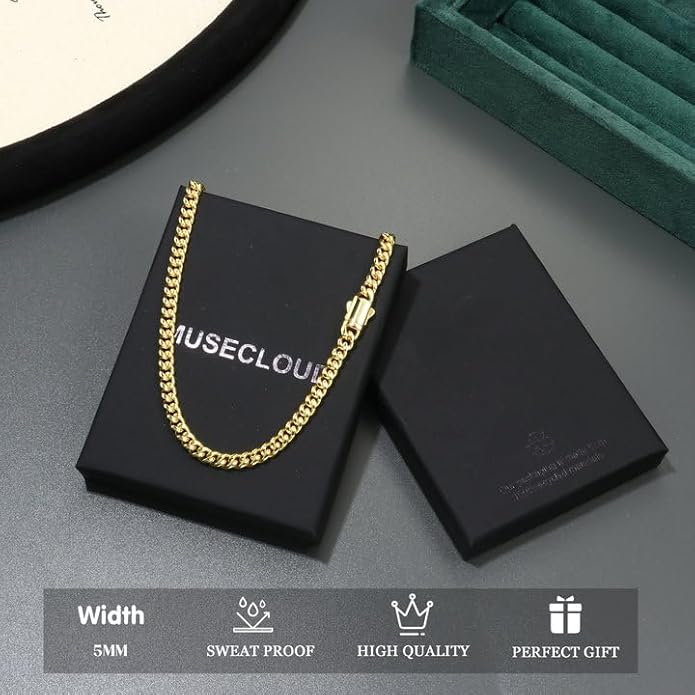 MUSECLOUD Gold Cuban Link Chain for Men Mens Stainless Steel Miami Curb Chains Necklace 5/8mm Thick Real Gold/Silver/Black Plated Diamond Cut Non-Tarnish Jewelry Trendy Christmas Gifts 18-26 Inch