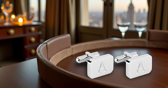 18K White-Gold Plated Initial Engraved Stainless Steel Men’s Cufflinks With Gift Box -Personalized Alphabet Letter’s A-Z By Lux & Pair