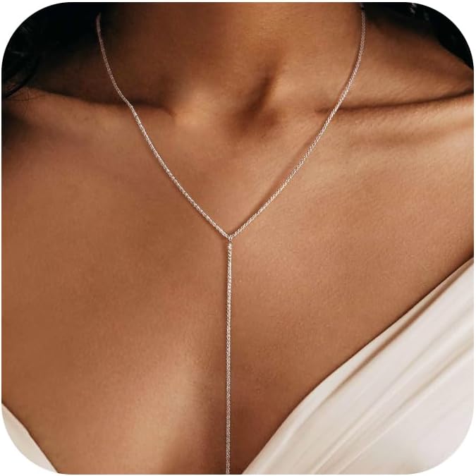 Gold and Silver Plated Layered Long Necklace for Women, Statement Y Body Chain, Sexy Dangle Drop Beach Boho Bolo Cleavage Necklace for Vacation or Prom