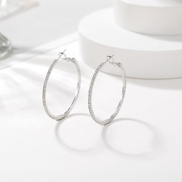 925 Sterling Silver Earrings Large Rhinestone Hoop Earrings Big Cubic Zirconia Hoop Earrings Thin Rhinestones Round Hoop Earrings for Women 20/30/40/50/60/70mm Sparkly Hoops With Crystals for Womens