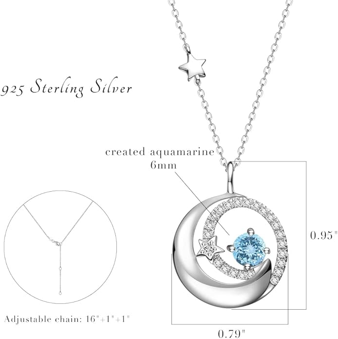FANCIME Birthstone Necklaces 925 Sterling Silver Moon and Star Pendant Fine Jewelry Birthday Christmas Gifts for Mom Wife Her Daughter, Adjustable Chain 16+2"
