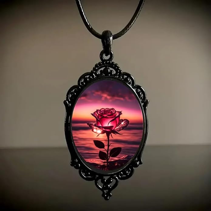 Gothic Rose Glass Necklace for Women Vintage Satan Demon Pendant Halloween Roses Necklaces Dark Punk Style Necklace Victoria Emboss Necklaces Mystic Witch Jewelry Gift Accessories