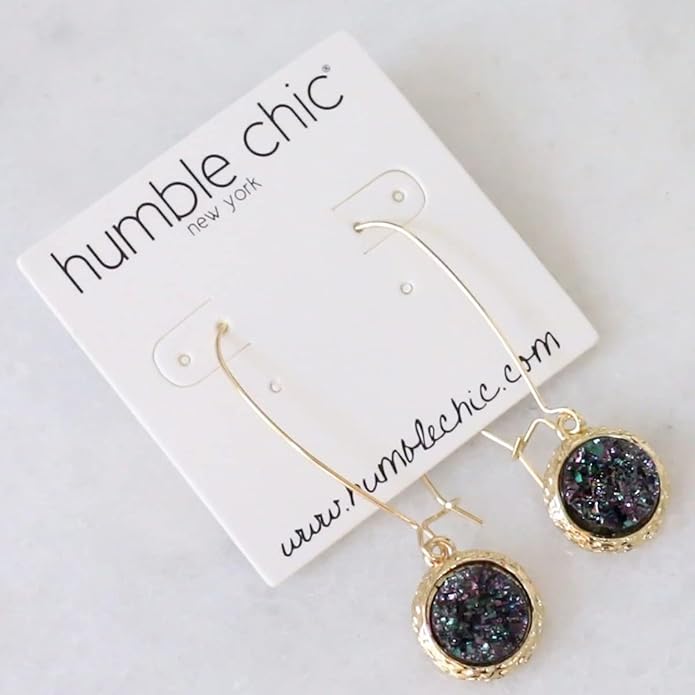 Simulated Druzy Threader Drop Earrings for Women - Gold, Silver, or Rose Gold Tone Trendy Boho Dangles with Sparkly Round Stone