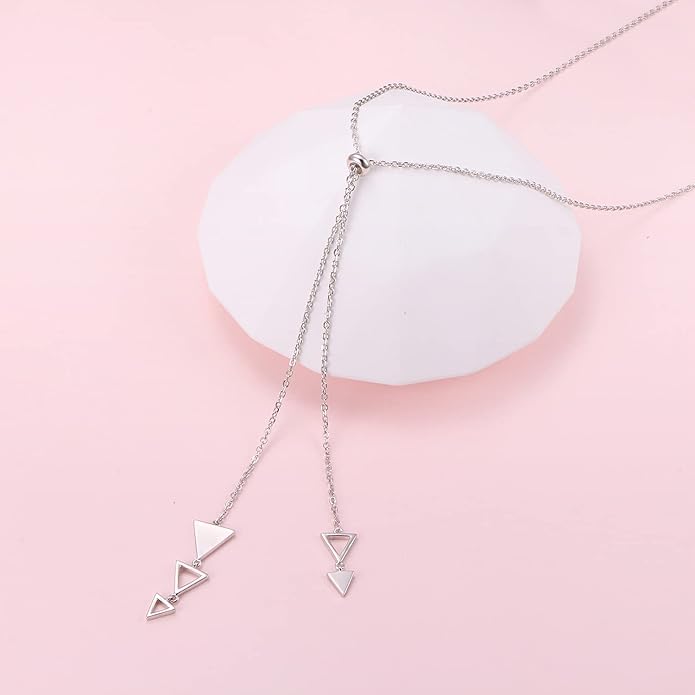FLYOW Long Chain Dainty Lariat Necklace Simple Style 925 Sterling Silver Heart Pendant Adjustable Y Shaped Necklace Jewelry