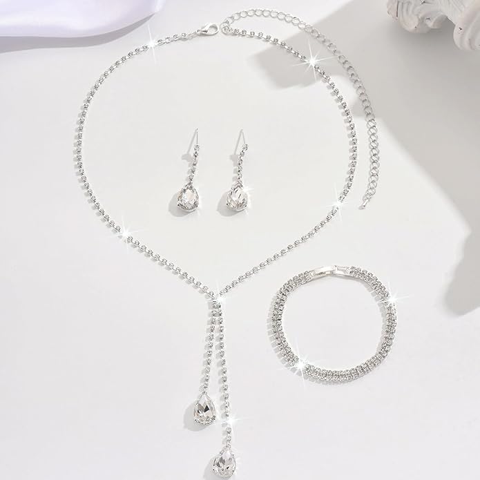 MIFYNN Rhinestone Wedding Set for Women Sparkle Crystal Earrings Necklace Bracelet Jewelry Set Wedding Party Prom Jewelry Set for Brides Bridesmaid