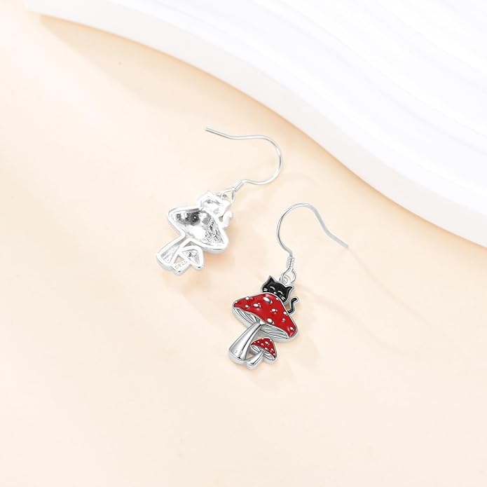 Black Cat Earrings 925 Sterling Silver Black Cat Mushroom Dangle Earrings Animal Jewelry Gifts for Women