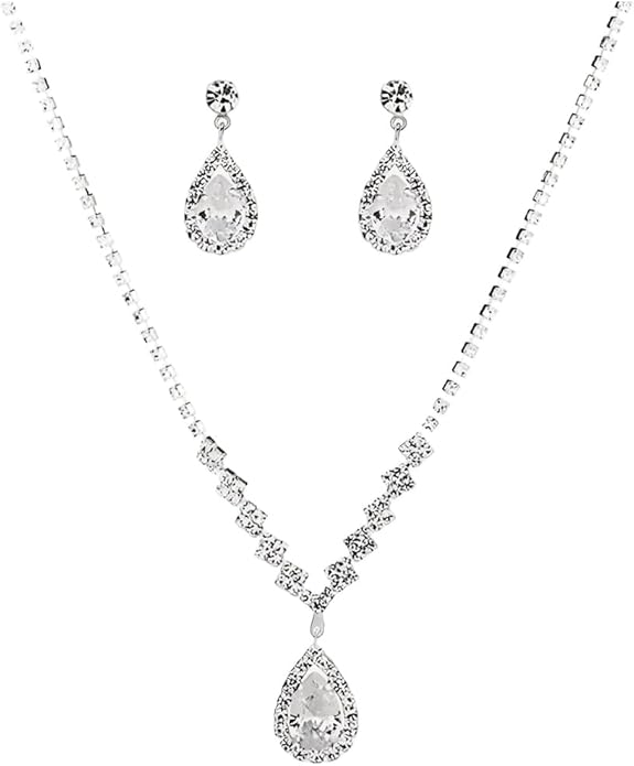 JczR.Y Rhinestone Tennis Necklace Earring Set Zircon Crystal Teardrop Pendant Necklaces Rhinestone Bridal Necklace Earrings for Women Wedding Gowns Prom Statement Jewelry Set