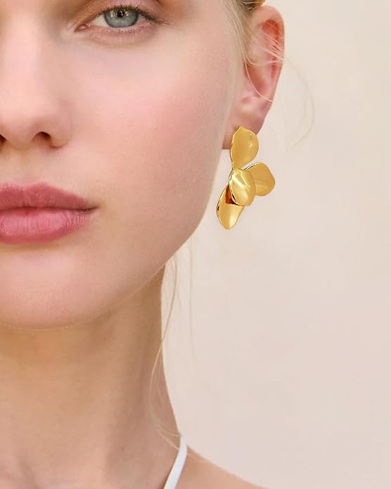 Chunky Gold Statement Earrings For Women Gold Plated Sectored Flower Leaf Shell Angel Wing Earrings Large Stud Earrings Hypoallergenic Earrings