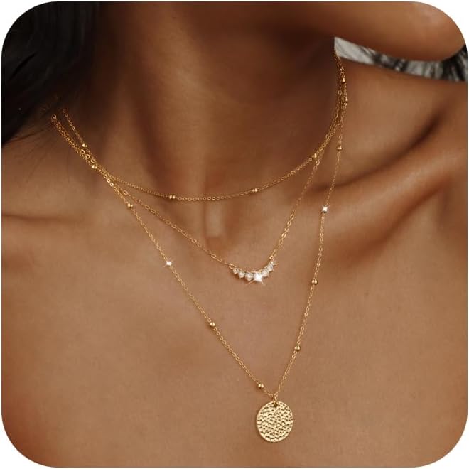 Layered Gold Silver Necklaces for Women, Stackable Stack 14K Real Gold Plated Silver Chain Necklace Diamond Circle CZ Layering Pendant Necklaces Trendy Gold Jewelry Set Gifts