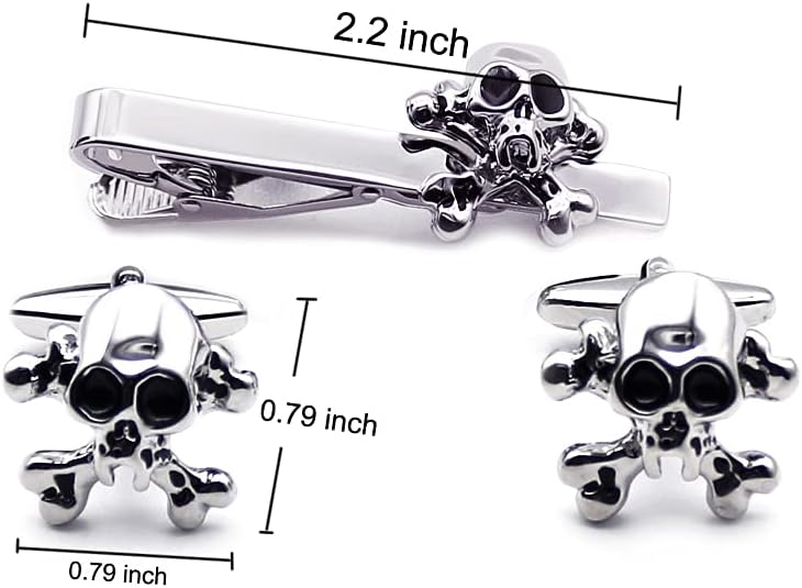 Punk Skull Cufflinks & Tie Clip for Men, Unique Cool 3D Skeleton Cuff-Links Necktie Bar Set, Silver Gothic Pirate Button & Stickpin, Novelty Tie Bars for Wedding & Cosplay Theme Party, Gift for Groomsmen Grooms - Love Forever till Death