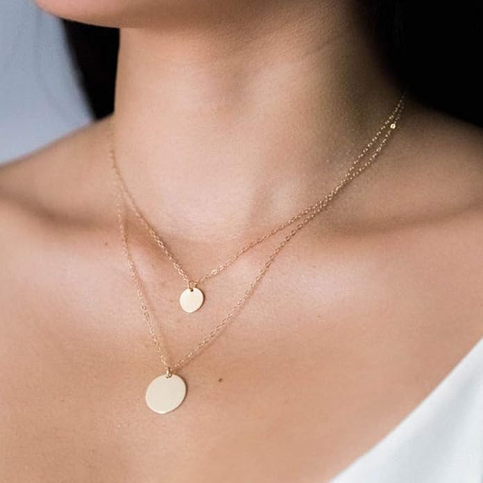 Turandoss Dainty Layered Choker Necklace, Handmade Y Pendant Necklace Multilayer Bar Disc Necklace Adjustable Layering Choker Necklaces for Women