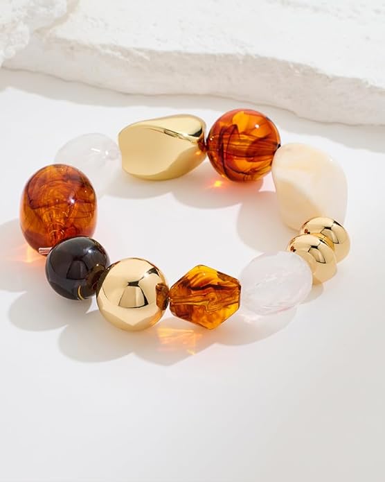FAUTHENTICUTE Chunky Beaded Bracelets for Women, Retro Mixed Resin Beads Bracelet, Trendy Stretchy Womens Bracelet for Daily Wear Boho Jewelry Gifts