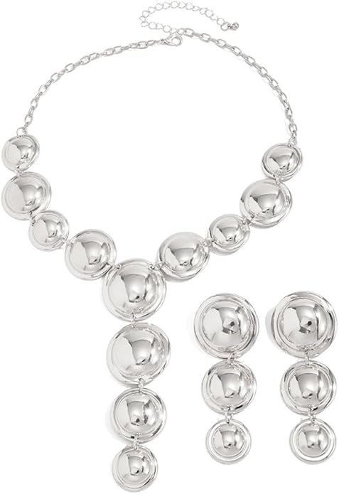 Exaggerated Chunky Gold Choker Long Y Necklace Round Drop Earring Set for Women Unique Big Geometry Silver Necklaces Large Dangly Earring Jewelry Gift