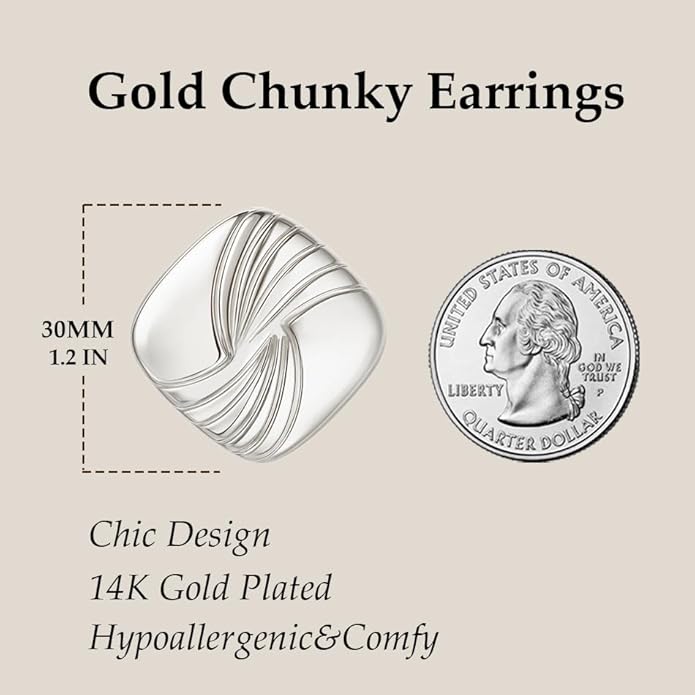 Gold Chunky Statement Earrings for Women, Trendy 14K Gold Plated Drop Dangle Square Geometric Vintage Designer Stud Earrings, Jewelry Gift