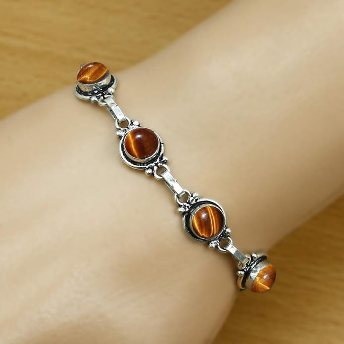 Round Shape Natural & Synthetic Gemstones Silver Plated Bracelets for Women - Vintage Bohemian Style Handmade Birthstone Adjustable Link Bracelet Jewelry Gifts for Wedding Anniversary Mother's Day