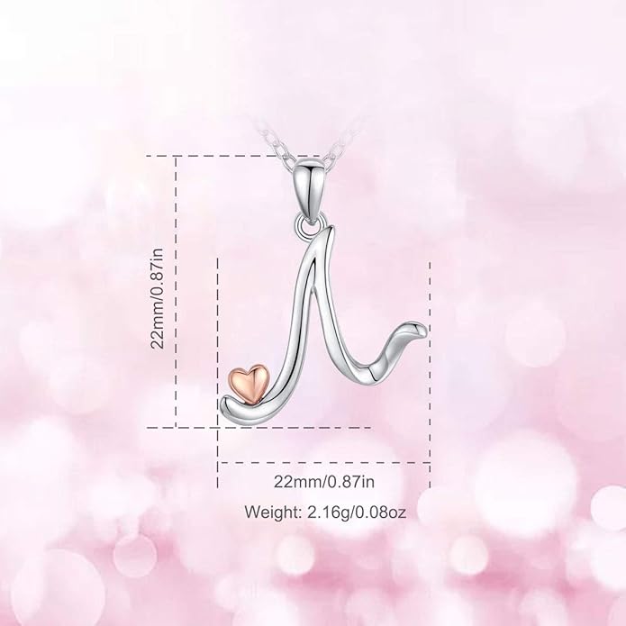 CELESTIA 925 Sterling Silver Initial Necklaces 26 Letter with Rose Gold Heart - 18 Inch Chain