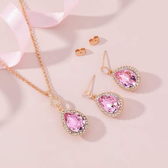 Austrian Crystals Teardrop Pendant Necklace Earrings for Women 14K Gold Plated Hypoallergenic Jewelry Set