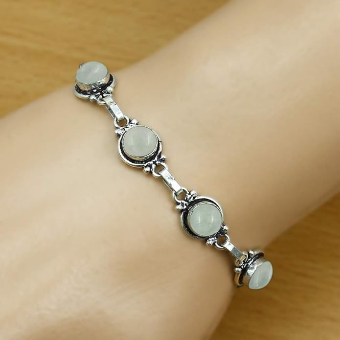 Round Shape Natural & Synthetic Gemstones Silver Plated Bracelets for Women - Vintage Bohemian Style Handmade Birthstone Adjustable Link Bracelet Jewelry Gifts for Wedding Anniversary Mother's Day