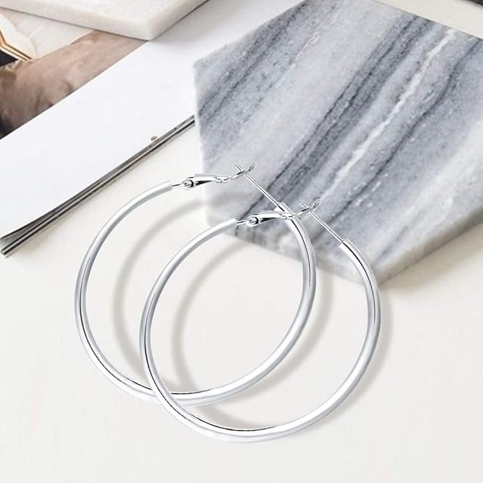 3 Pairs Sterling Silver Hoop Earrings, 14K White Gold Plated Big Hoop Earrings Set for Women 40 50 60MM